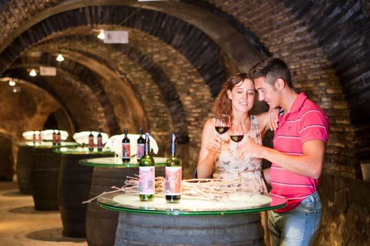 Couple enjoying wine tasting in a rustic cellar with wine barrels and arched ceilings.